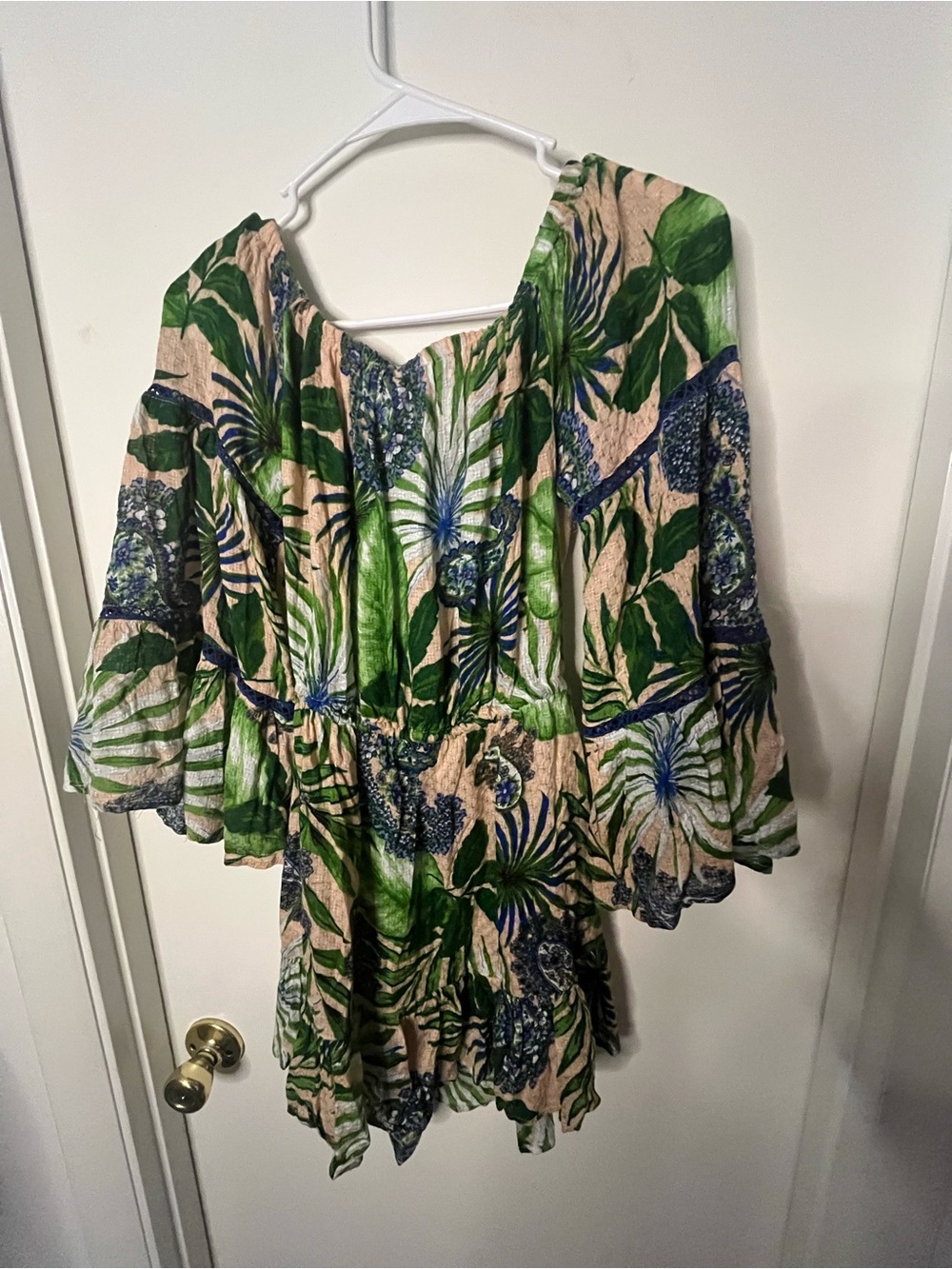 Blue Island Off-Shoulder Green Tropical Print Dress - Picture 3 of 5